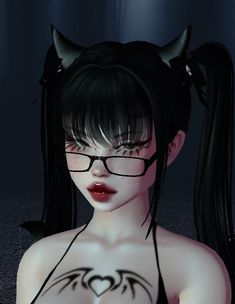 a woman wearing glasses with horns on her head and cat ears in front of her face