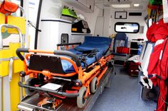 the inside of an ambulance with medical equipment