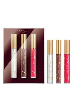 What it is: A limited-edition set featuring three shades of signature plumping lip gloss that makes the lips look soft and smooth, with a beautiful wash of color.What it does: A sheer lip gloss that provides an instant plumping effect with a crystal-shine finish. The powerful blend of lip care and plumping ingredients leaves lips feeling hydrated for up to 8 hours, thanks to a combination of ginger roots and capsicum extracts. Hydrating properties coming from hyaluronic acid are accompanied by t Gucci Makeup, Makeup Gift Set, Ginger Roots, Makeup Gift Sets, Plumping Lip Gloss, Gift Sets For Women, Makeup Gift, How To Line Lips, Lip Moisturizer