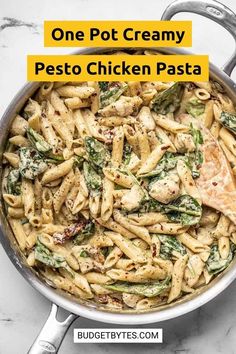 one pot creamy pesto chicken pasta in a pan