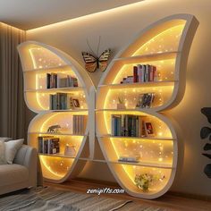 a living room with a butterfly shaped book shelf in the center and bookshelves on both sides