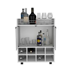 a shelf with bottles and glasses on it