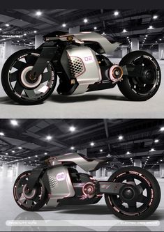 two views of a futuristic motorcycle in an empty garage with lights on the ceiling and floor