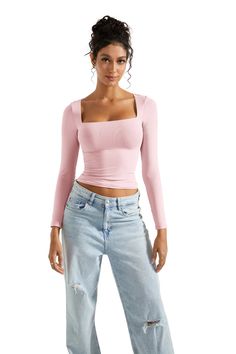 Buttery Soft Square Neck Shirt - Long Sleeve-Clothing-SUUKSESS-Pink-XS-SUUKSESS Light Pink Tops Outfit, Cute Everyday Outfits Pink, Pink Longsleeves Outfit, Scoop Neck Top Outfit, Pink T Shirt Outfit, Square Neck Shirt, Yoga Office, Light Pink Shirt, Light Pink Tops