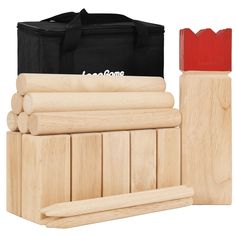 a set of wooden rolling blocks with carrying bag in the back and red handle on top