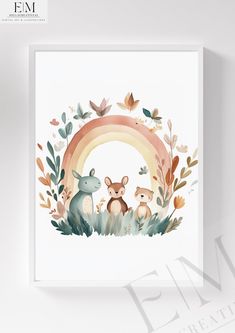 an illustration of animals in the grass with a rainbow and leaves around them on a white background