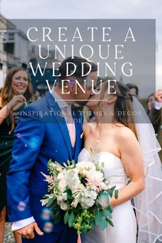 a bride and groom kissing in front of confetti bubbles with the words create a unique wedding venue