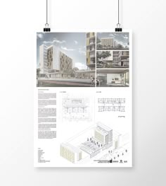 a white poster hanging on the wall next to a pair of black hooks with pictures of buildings in it