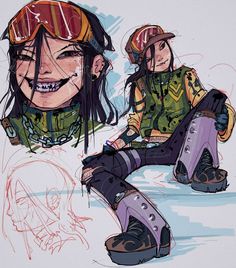 a drawing of two people sitting on the ground with skis and snowboards in their hands