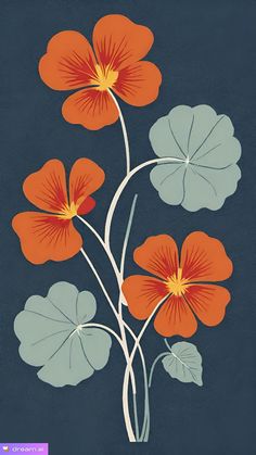 an orange flower with green leaves on a dark blue background is featured in this painting