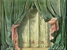 an illustration of a room with green curtains and pink drapes on the windowsill