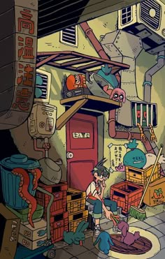 an animated image of a man working in a messy room with lots of clutter on the floor