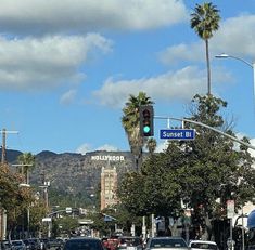 cars are driving down the street in front of palm trees and buildings on a sunny day