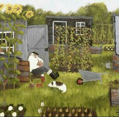 a painting of a man sitting on a bench in a garden with his dog and sunflowers