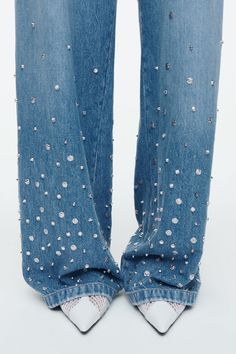 EMBELLISHED RELAXED JEANS Jeans On Jeans, Sparkle Jeans, Soft Summer Color Palette, Soft Summer Colors, Rhinestone Jeans, Denim And Diamonds, Studded Jeans, Embellished Denim, Embellished Jeans