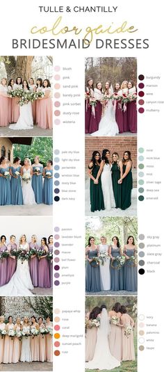 the bridesmaid dresses are all different colors