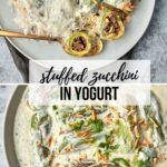 two plates filled with stuffed zucchini in yogurt sauce and topped with green peppers