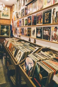 there are many records on the shelves in this store that is filled with vinyl records