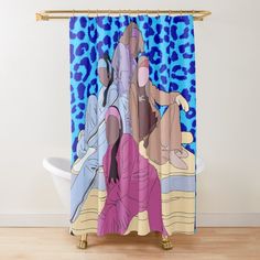 a shower curtain with an image of two women sitting on the beach in front of blue leopard print