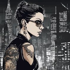 a woman with tattoos standing in front of a cityscape