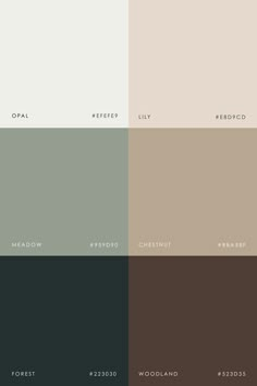 four different shades of brown, green, and beige with the names of each color