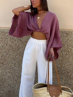 Solid Bohemian V-neck Blouse, Bohemian V-neck Blouse For Day Out, Summer V-neck Crop Top For Vacation, Spring Vacation V-neck Crop Top, Summer V-neck Beach Crop Top, Casual V-neck Crop Top For Beach, Summer V-neck Crop Top For Brunch, V-neck Solid Color Summer Blouse, Solid Color V-neck Blouse For Summer