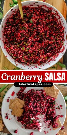 cranberry salsa in a white bowl with crackers on the side, and another photo