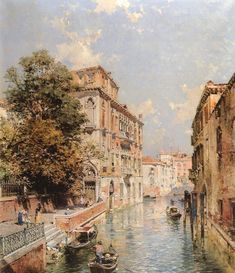 a painting of some buildings and boats in the water