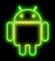 an image of a neon green glowing android icon on a black background with copy space