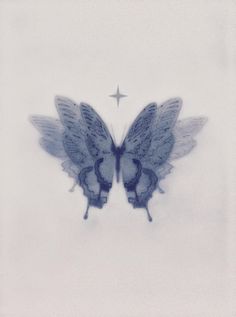 two blue butterflies flying next to each other on a white surface with a star in the background