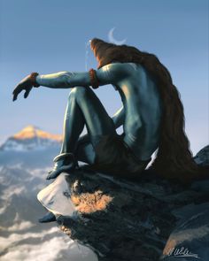 a digital painting of a woman sitting on top of a mountain