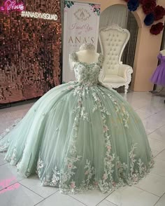 Princess In The Frog Quince Dress, Dusty Green Quinceanera Dresses, Quince Fairy Dress, Soft Green Quinceanera Dresses, Sage Dress Quinceanera, 15 Dresses Quinceanera Sage Green, Pastel Green Sweet 16 Dresses, Green Sage Quince Dress, Green Dresses For Quinceanera