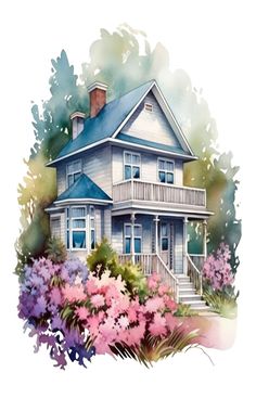 a watercolor painting of a house and flowers