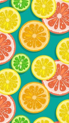 a bunch of slices of fruit on a green background with oranges, lemons and grapefruit