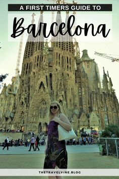 a woman standing in front of a tall building with the words how i spend one day in barcelona