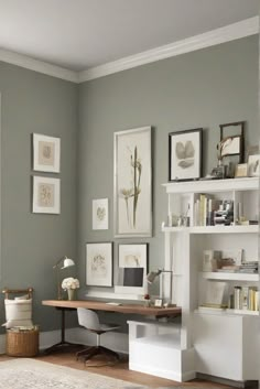 interior design,home decor,wall paint,home office Office With Colored Wall, Green Walls Study, Grey Walls Office Ideas, Green Walls Home Office, Light Office Paint Colors, Green Home Office Walls, Grey And Green Office Ideas, Farrow And Ball Office Colours, Study Room Wall Color