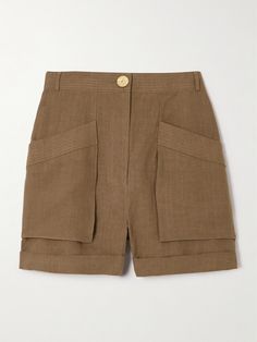 Le Kasha's 'Ashraf' shorts are tailored from linen that's light and naturally breathable, so they're perfect for balmy days. Designed to sit high on the waist, they have straight legs fitted with oversized cargo pockets and a gold-tone coin button that you could match your jewelry to. Khaki Bottoms With Built-in Shorts And Relaxed Fit, High-waisted Khaki Cargo Shorts With Pockets, Khaki High-waist Relaxed Fit Shorts, Brown High-waisted Cotton Shorts, Vintage Cotton Khaki Shorts, Linen Shorts Women, Menswear Details, Satin Shorts, Denim Inspiration