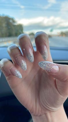 Glittery Nail Designs, Silver Sparkly Nails, Silver Sparkle Nails, Sparkly Nail Designs, Silver Acrylic Nails, Glitter French Nails, Prom Nails Silver, Silver Nail Designs, Silver Glitter Nails