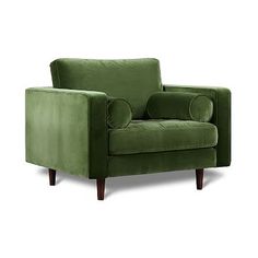 a green velvet chair with wooden legs and armrests on an isolated white background