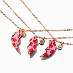 Recognize the bond between you and your two besties with this best friends necklace set. The three-pack shares a heart-shaped pendant that's covered in red cherries. Each necklace is finished with a tiny "BFF" charm. Pack Size: 3Finish: Gold-toneLength: 16 + 3 in. extender / 40.64 + 7.62 cm. extender Closure: Lobster claspMaterial: Metal - Claire's Best Friends Cherry Heart Pendant Necklaces - 3 Pack Friendship Necklaces For 3 Friends, Friendship Necklaces For 3, Two Besties, Best Friends Necklace, Crown Hair Clip, Friends Necklace, Sensitive Ears Earrings, Word Bracelet, Best Friend Necklaces