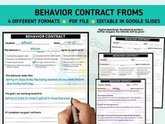 a hand holding a pen over a paper with the text behavior contact forms on it