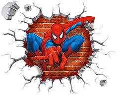 a cartoon spider man breaking through a brick wall