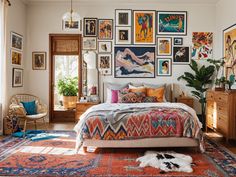 a bedroom with pictures on the wall and a bed in front of a window that has an animal rug underneath it