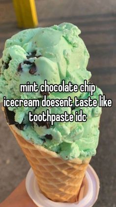 an ice cream cone with mint chocolate chip ice cream doesn't taste like toothpaste