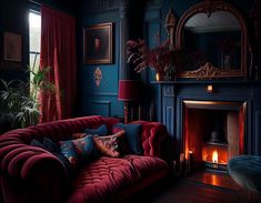 a living room filled with furniture and a fire place next to a mirror on the wall