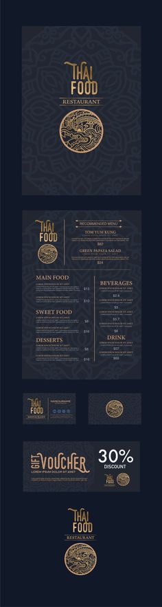 the menu for thai food is shown in gold and black, along with other items