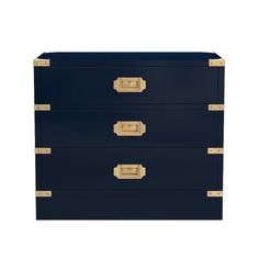 a blue dresser with gold handles on it