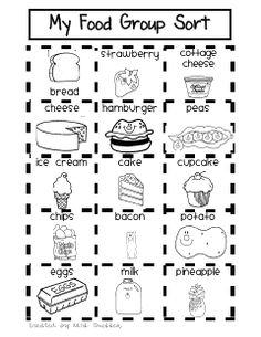 the food group sort worksheet is shown in black and white, with an image of