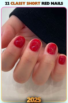 Vibrant glossy red short nails with subtle sparkle strike a balance between boldness and class. A versatile choice for casual wear or special occasions. Red Short Nails, Red Shorts, Short Nails