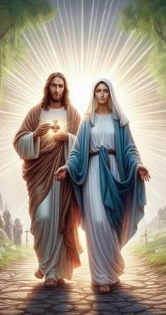 jesus and mary walking down a path with the light shining through them on their heads